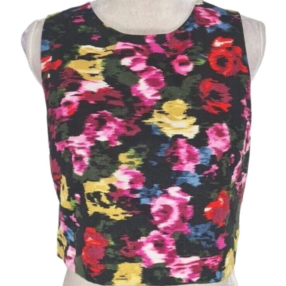 Eliza J Floral Pink Crop Top Blouse Women Size 6 Crew Neck Sleeveless Zip Up